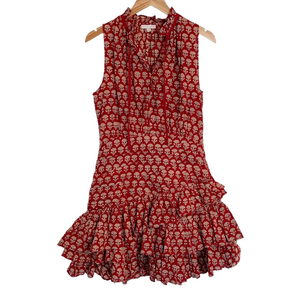 Anna Cate Red Geko Medallion Printed Mini Ruffle Tiered Dress Sleeveless Sz XS